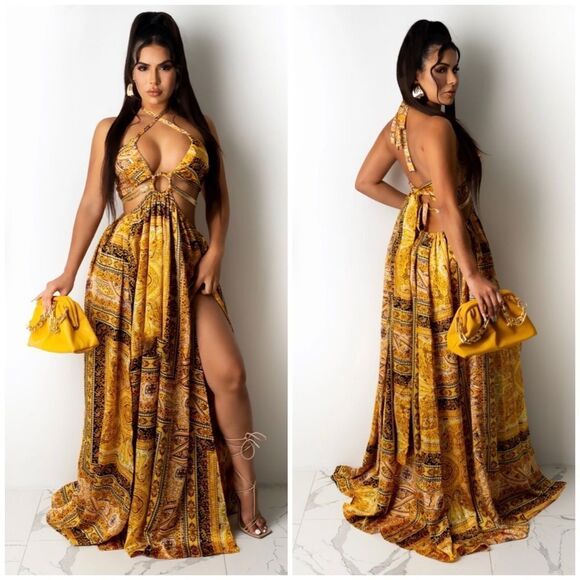 Luxxel Dresses & Skirts - COPY - Gold Double Slit Vacation Maxi Dress
